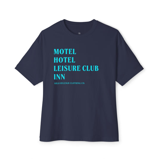 Women's Oversized Boxy Tee, Arlo Ryleigh Leisure Club - Hotel Motel Leisure Club Inn Graphic, Navy & Ocean Teal