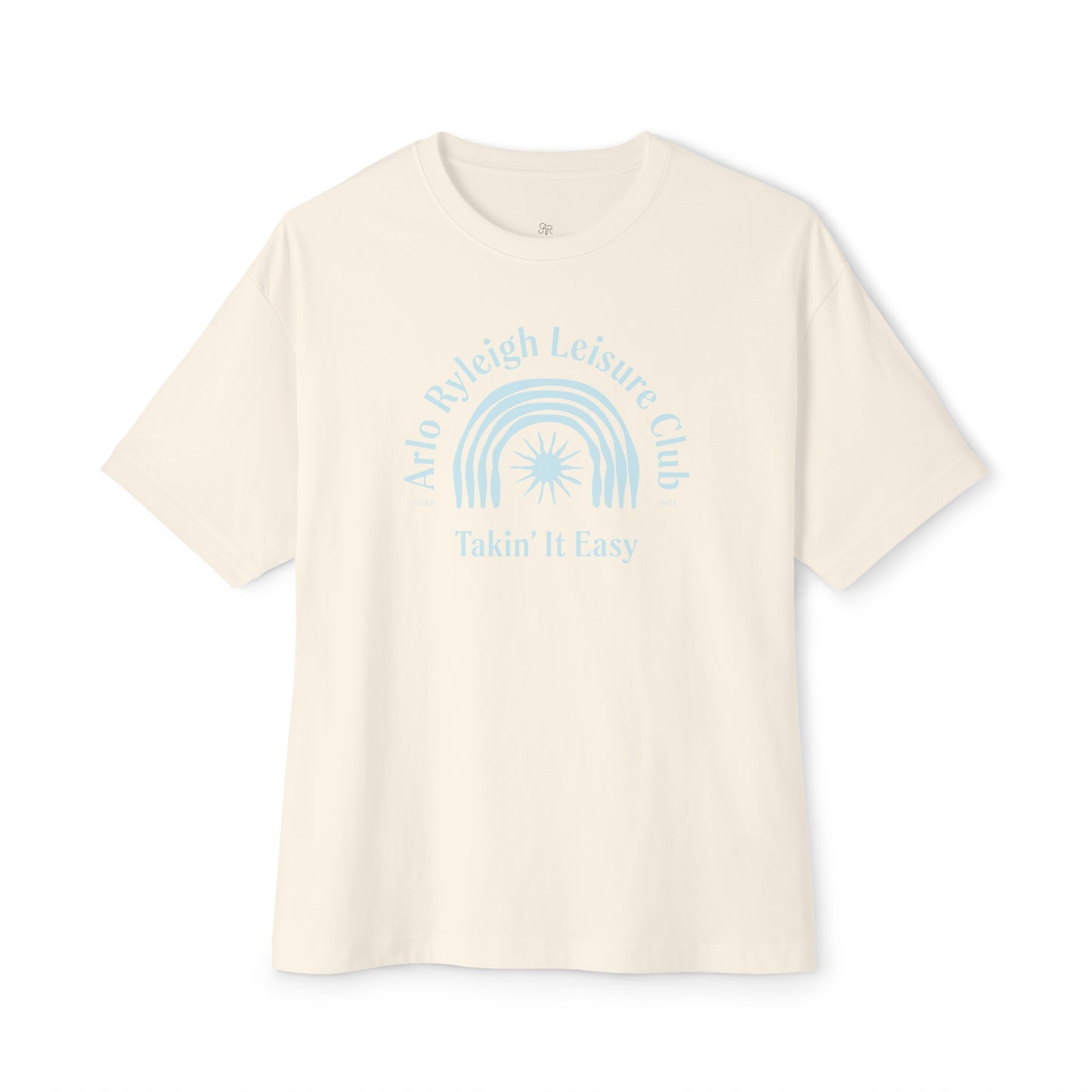 Women's Oversized Boxy Tee, Arlo Ryleigh Leisure Club - Takin It Easy Sun Bright Graphic, Natural & Soft Blue