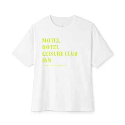 Women's Oversized Boxy Tee, Arlo Ryleigh Leisure Club - Hotel Motel Leisure Club Inn Graphic, White & Chartreuse