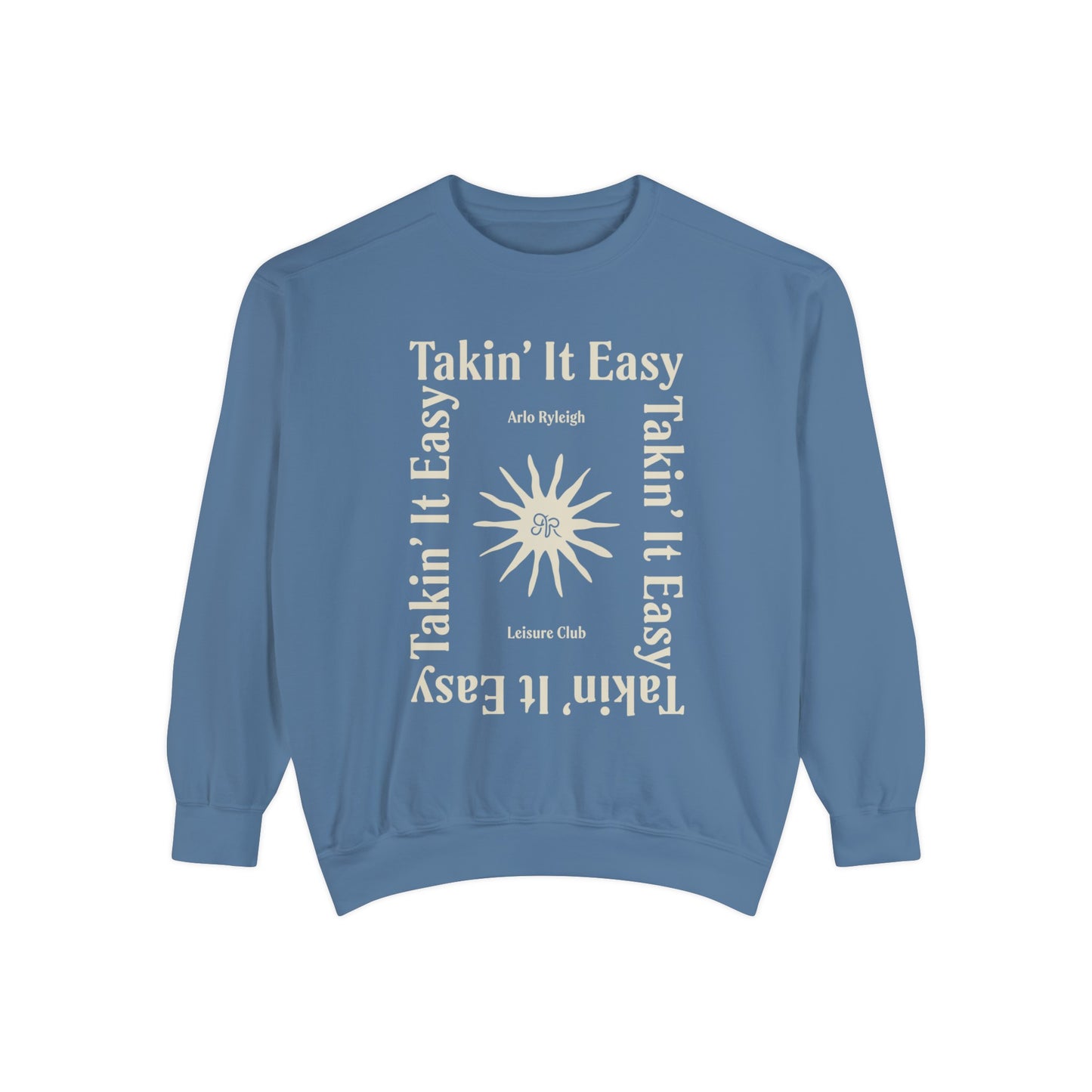 Women's Crewneck Sweatshirt, Arlo Ryleigh Leisure Club Takin It Easy Sun Frame Graphic, Blue Jean