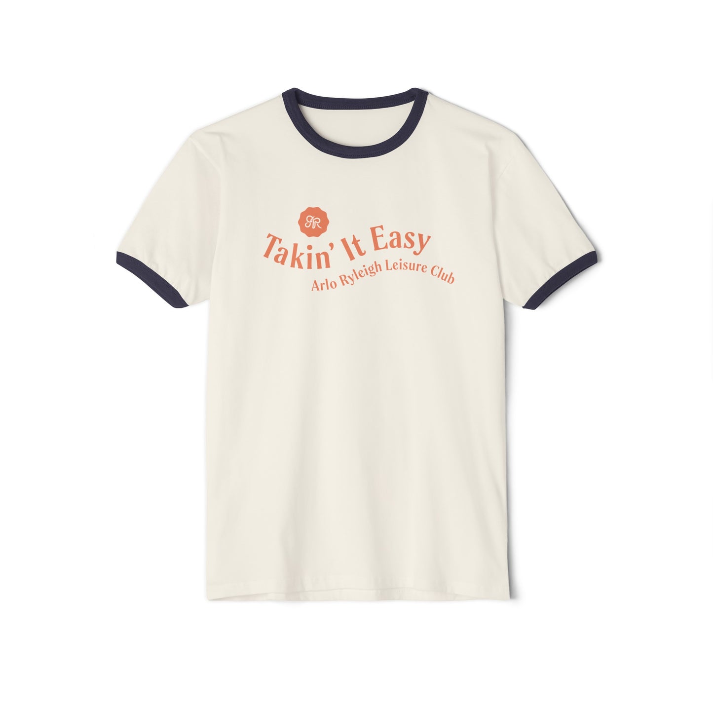 Women's Cotton Ringer T-Shirt, Arlo Ryleigh Leisure Club - Takin It Easy Wave Text, Natural & Navy