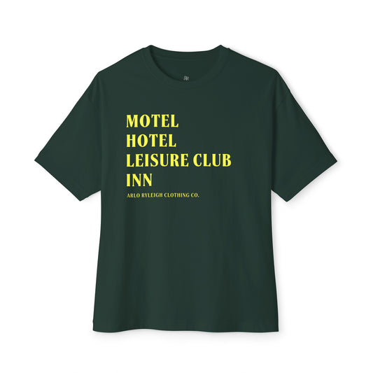 Women's Oversized Boxy Tee, Arlo Ryleigh Leisure Club - Hotel Motel Leisure Club Inn Graphic, Forest Green & Lime