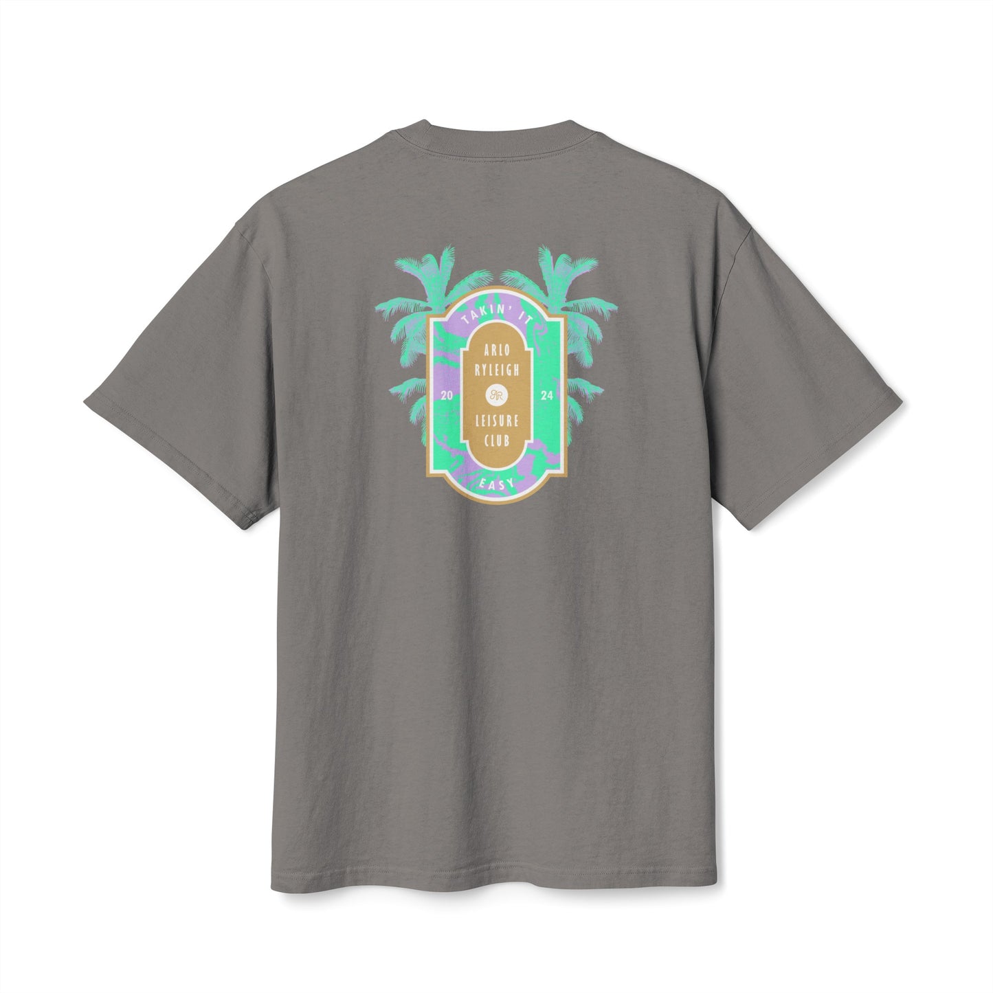 Men's Boxy Oversize Fit - Heavy Faded Tee, Arlo Ryleigh Leisure Club Palm Trees Signage Graphic, Faded Grey