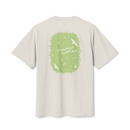 Women's Boxy Oversize Fit - Heavy Faded Tee, Summer Breeze Graphic, Faded Bone & Lime