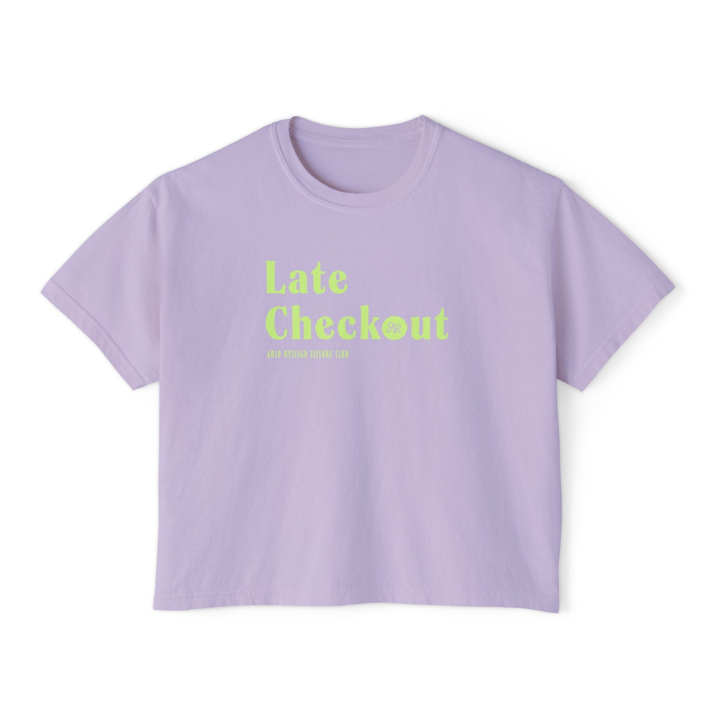 Women's Boxy Tee, Arlo Ryleigh Leisure Club - Late Checkout, Orchid & Tennis Ball Green