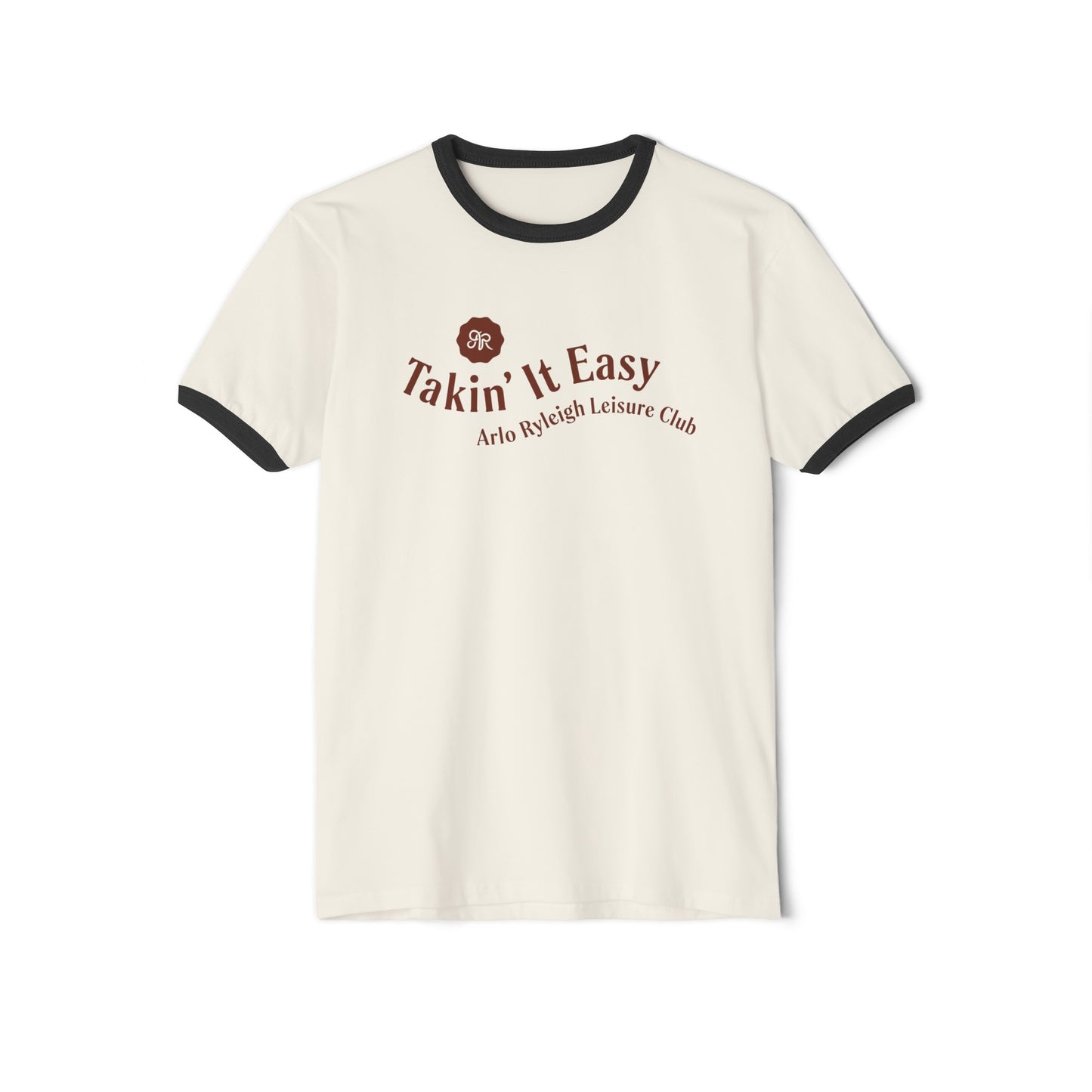 Women's Cotton Ringer T-Shirt, Arlo Ryleigh Leisure Club - Takin It Easy Wave Text, Natural & Black