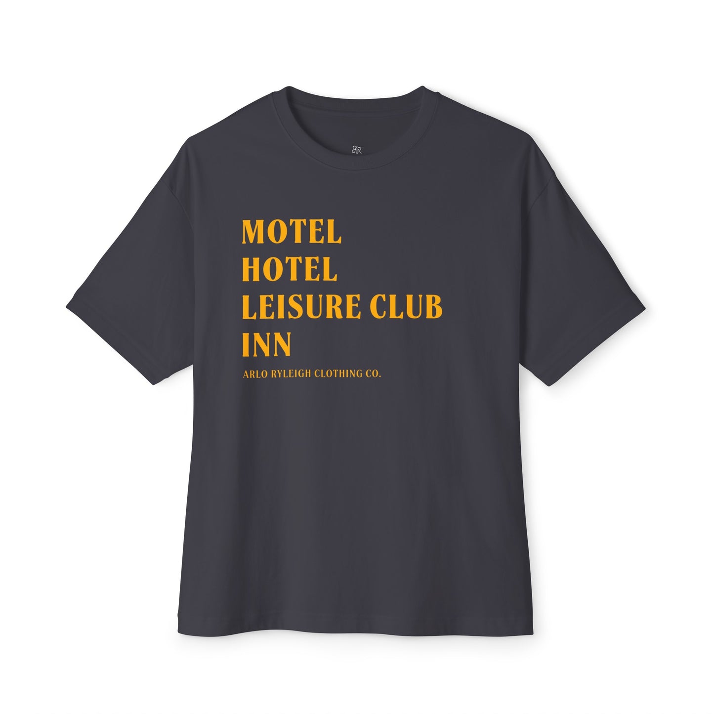 Women's Oversized Boxy Tee, Arlo Ryleigh Leisure Club - Hotel Motel Leisure Club Inn Graphic, Dark Grey & Mango