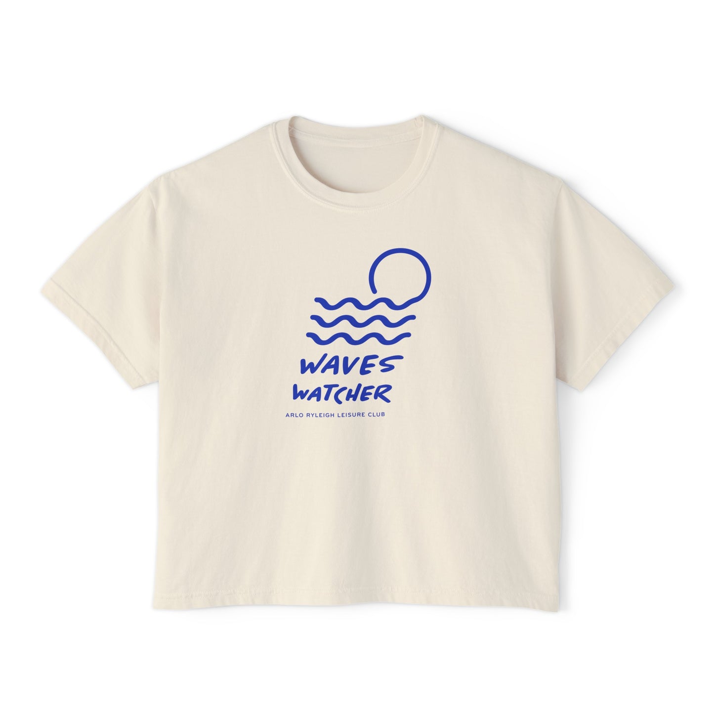 Women's Boxy Tee, Arlo Ryleigh Leisure Club - Waves Watcher, Ivory & Royal Blue