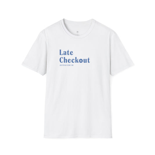 Men's Softstyle Tee, Arlo Ryleigh Leisure Club - Late Checkout Graphic, White & Blue