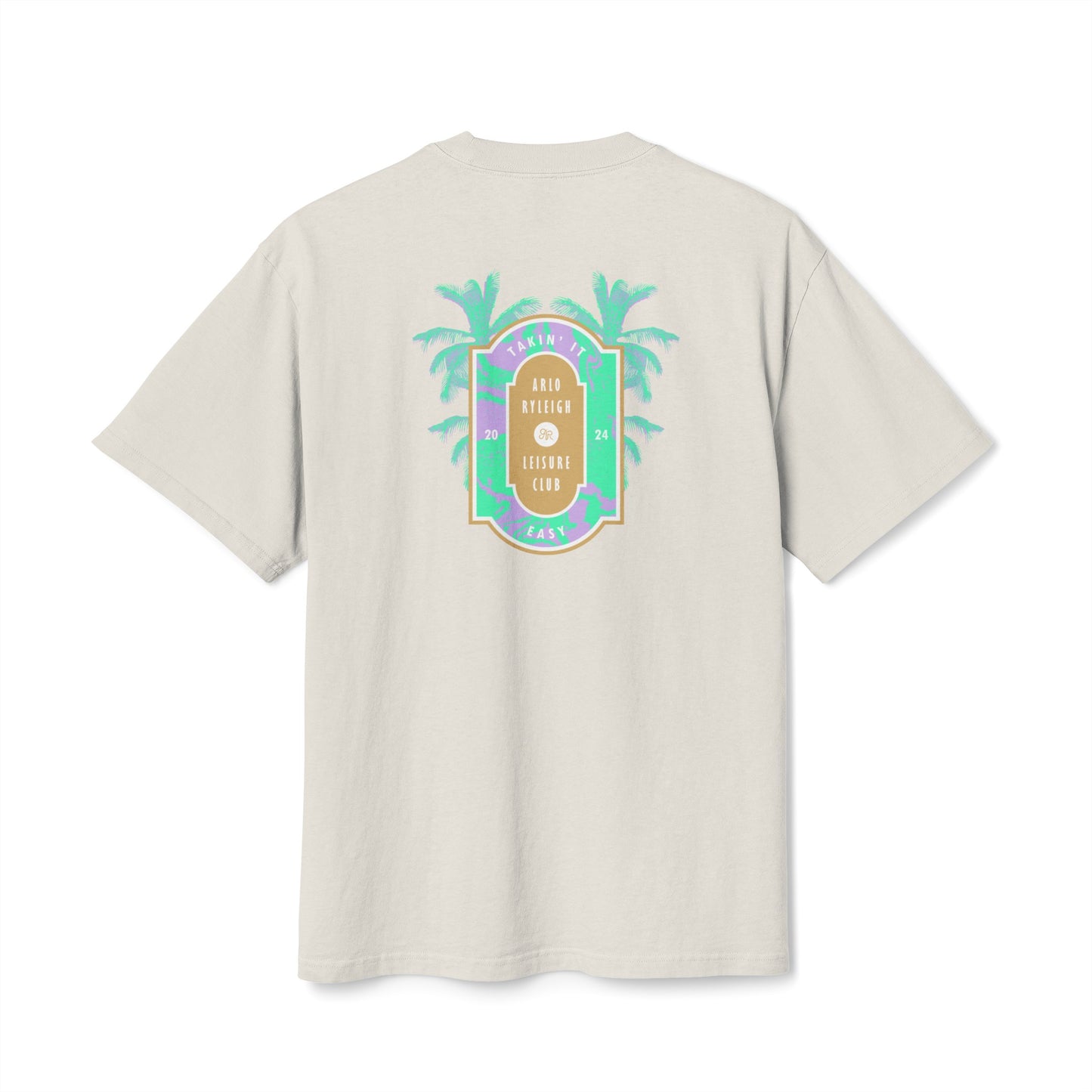 Men's Boxy Oversize Fit - Heavy Faded Tee, Arlo Ryleigh Leisure Club Palm Trees Signage Graphic, Faded Bone