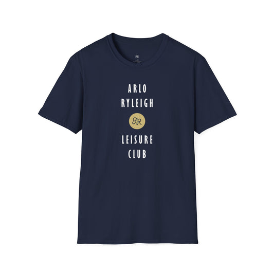 Men's Softstyle Tee, Arlo Ryleigh Leisure Club - Brand Stack Graphic, Navy & White