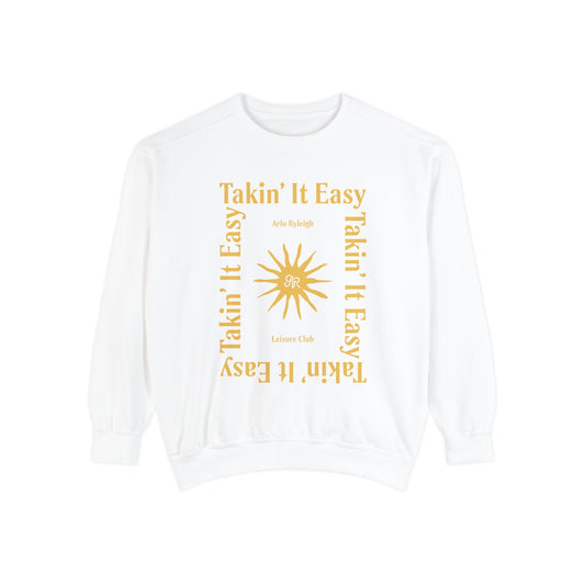 Women's Crewneck Sweatshirt, Arlo Ryleigh Leisure Club Takin It Easy Sun Frame Graphic, White