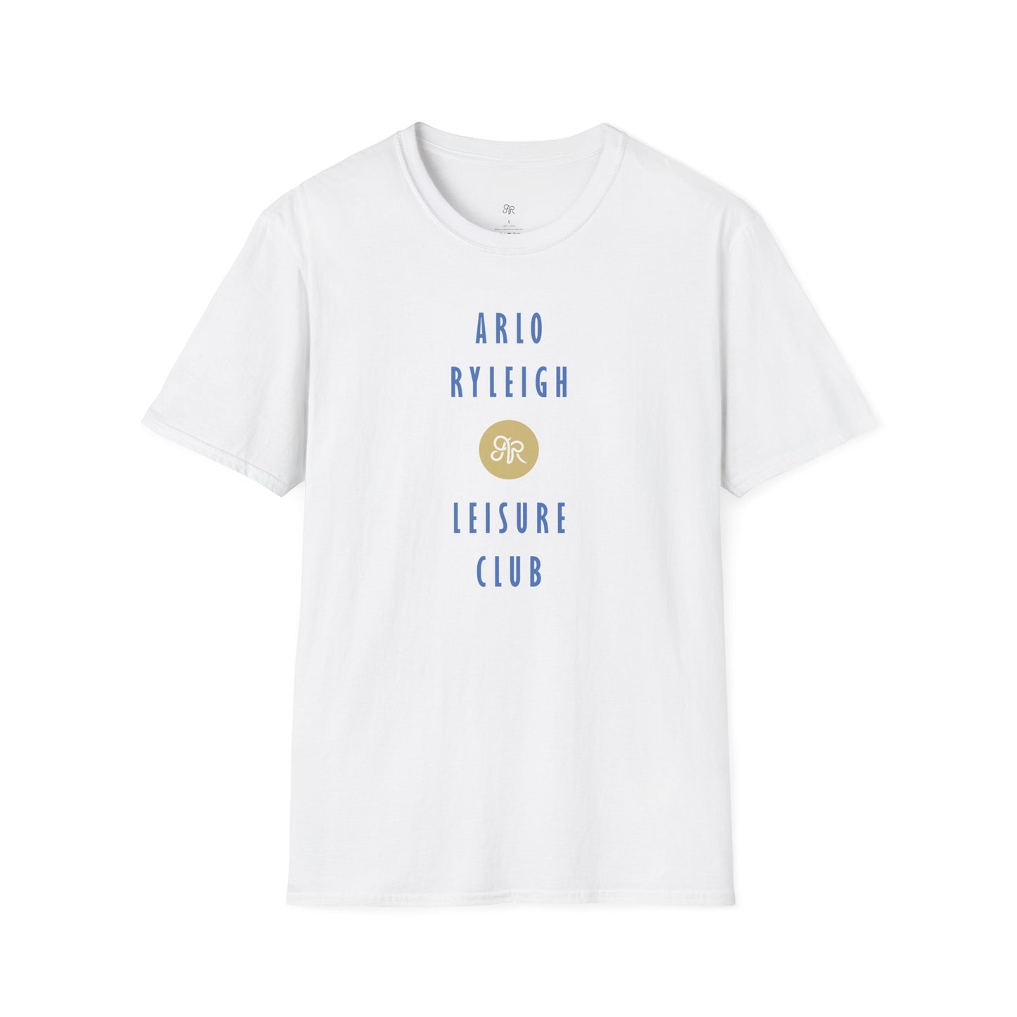 Men's Softstyle Tee, Arlo Ryleigh Leisure Club - Brand Stack Graphic, White & Blue