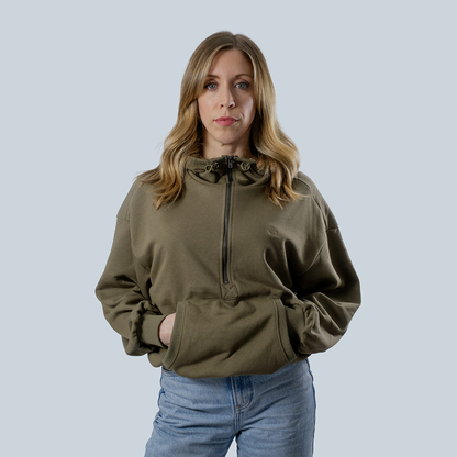 Women’s Half Zip Up Hoodie with Original AR Monogram Embroidered (Army Green)