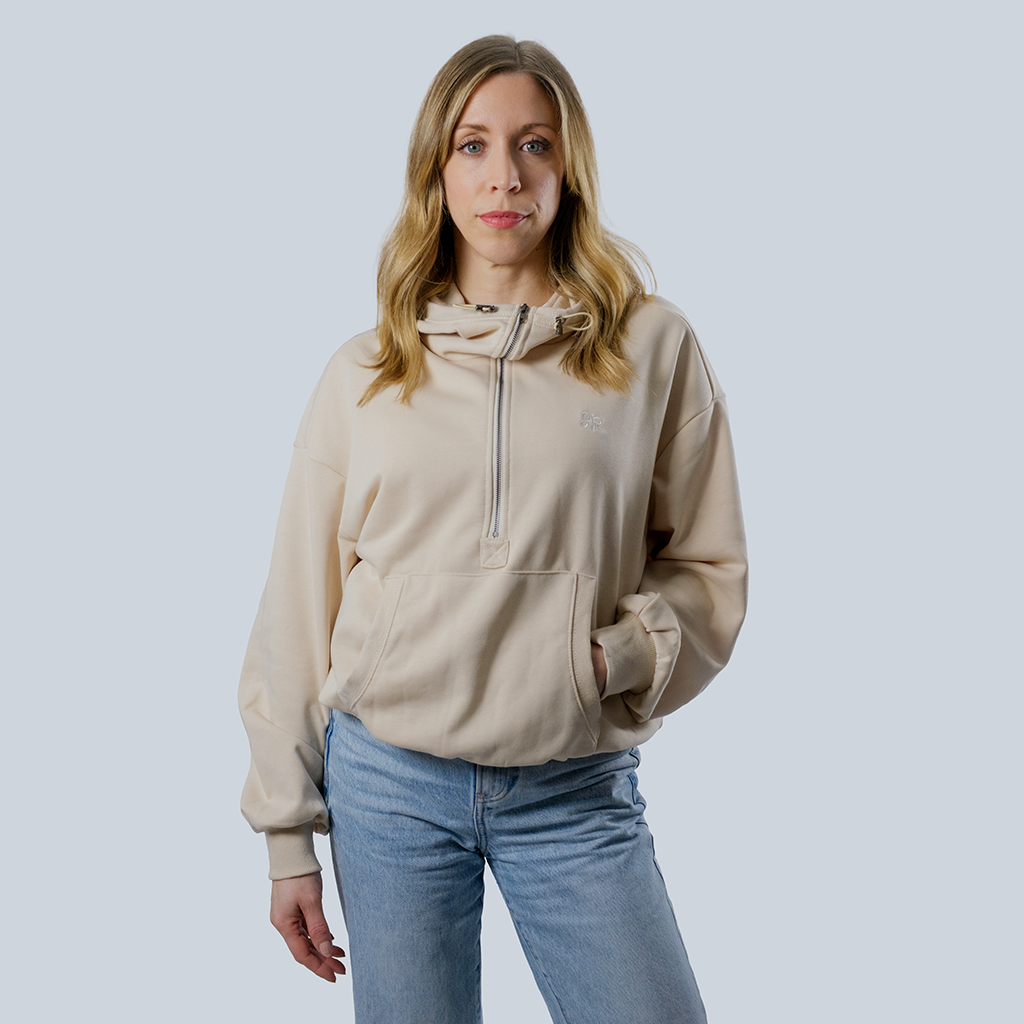 Women’s Half Zip Up Hoodie with Original AR Monogram Embroidered (Beige)