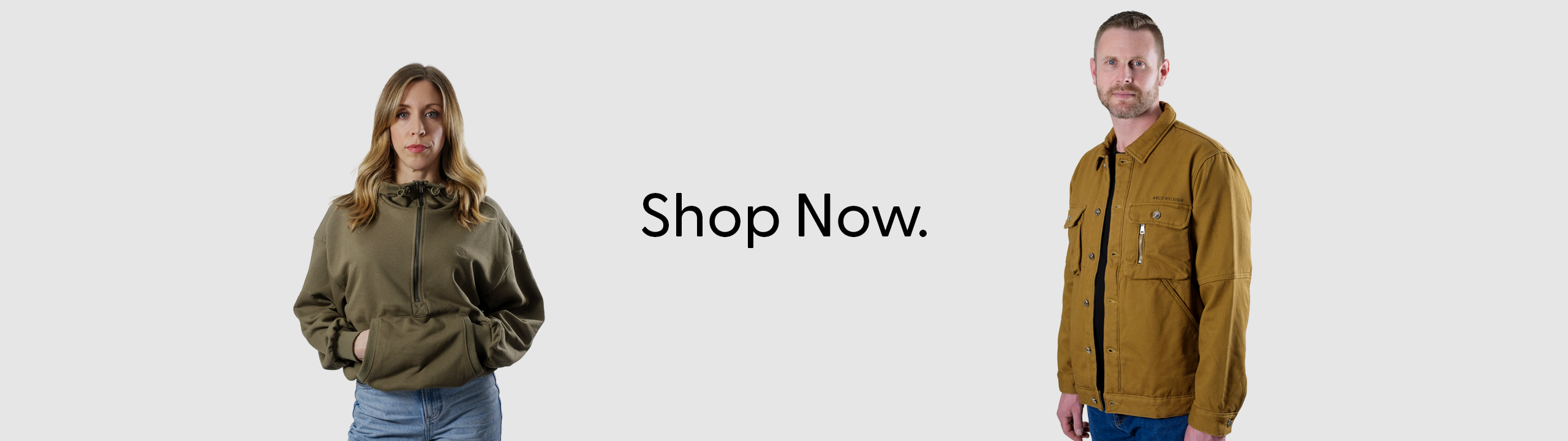 Two people wearing Arlo Ryleigh women and men jackets with 'Shop Now' text on a light gray background
