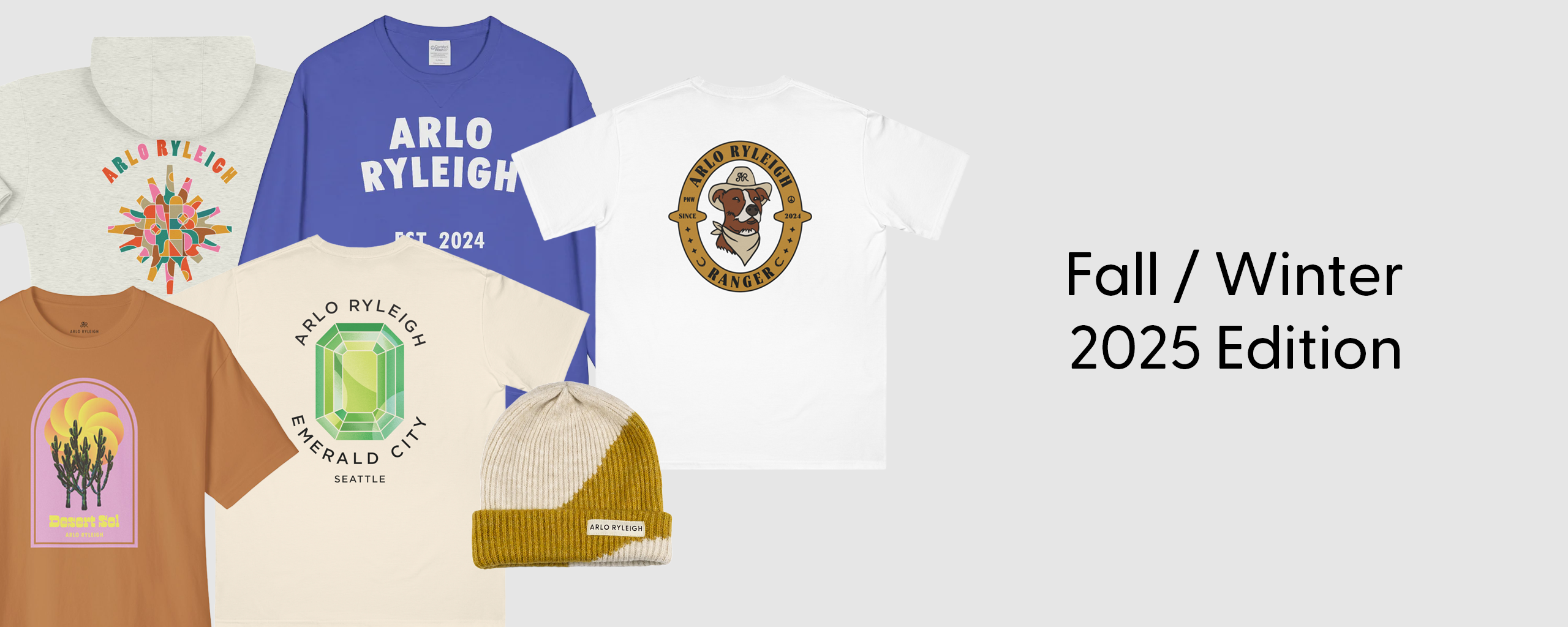 Collection of t-shirts and a beanie with brand logos, set against a white background.