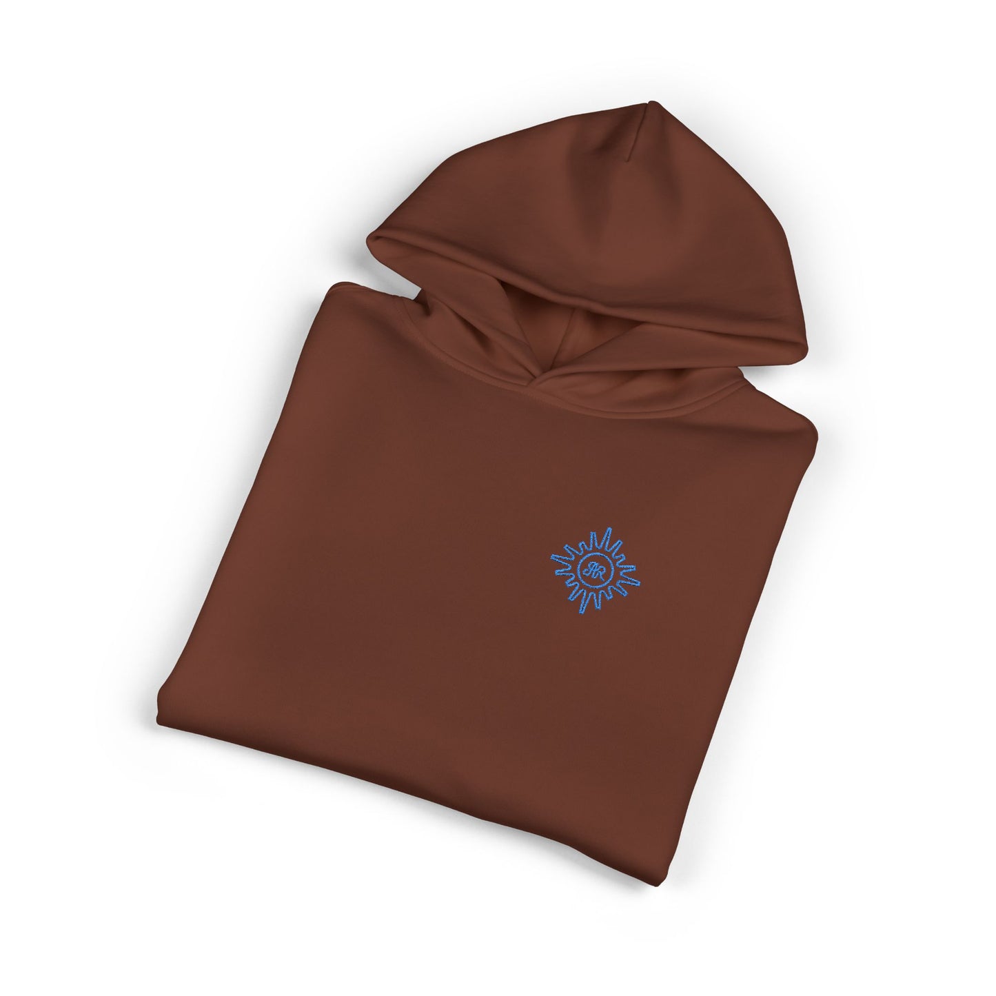 AR Sun embroidered brown hoodie with a blue logo on a white background