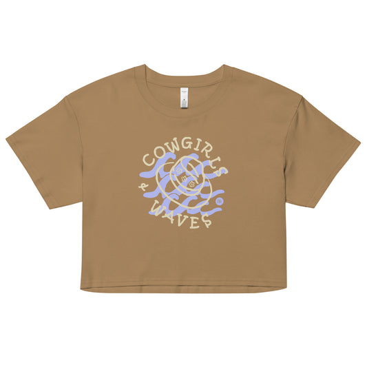 Women’s Crop Tee, Cowgirls & Waves Graphic, Camel