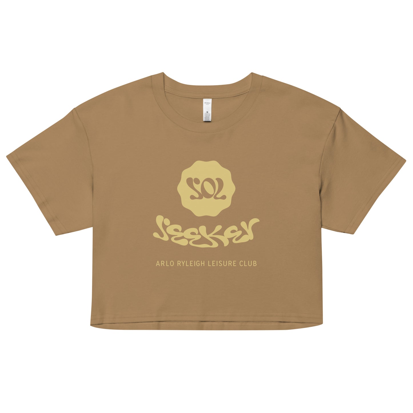 Women’s Crop Tee, Arlo Ryleigh Leisure Club - Sol Seeker Graphic, Camel